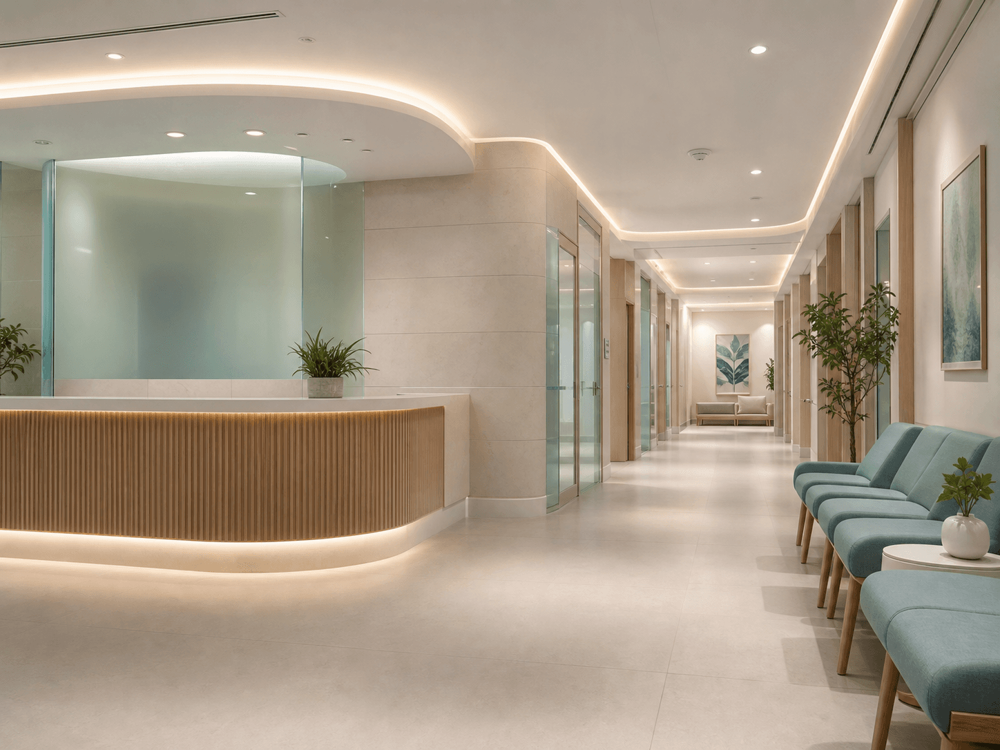 Modern clinic reception and medical center corridor