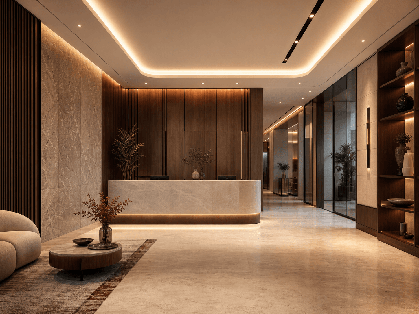 Completed luxury interior fit-out with stone, wood, and warm lighting