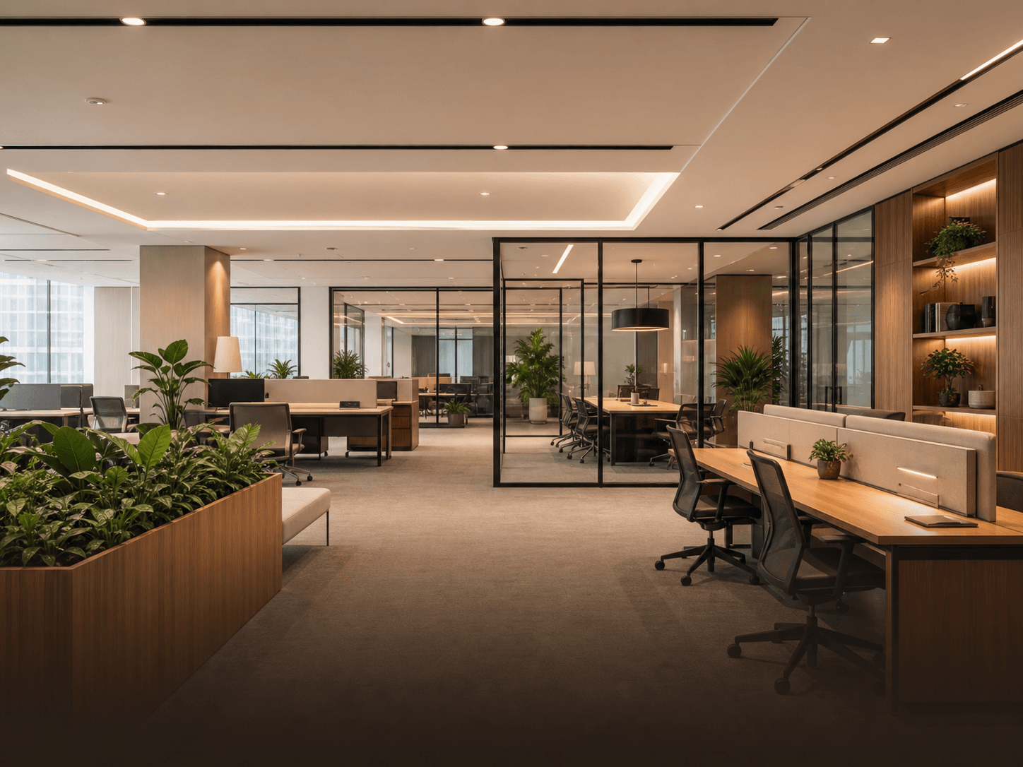 Modern office workspace with glass partitions and warm lighting