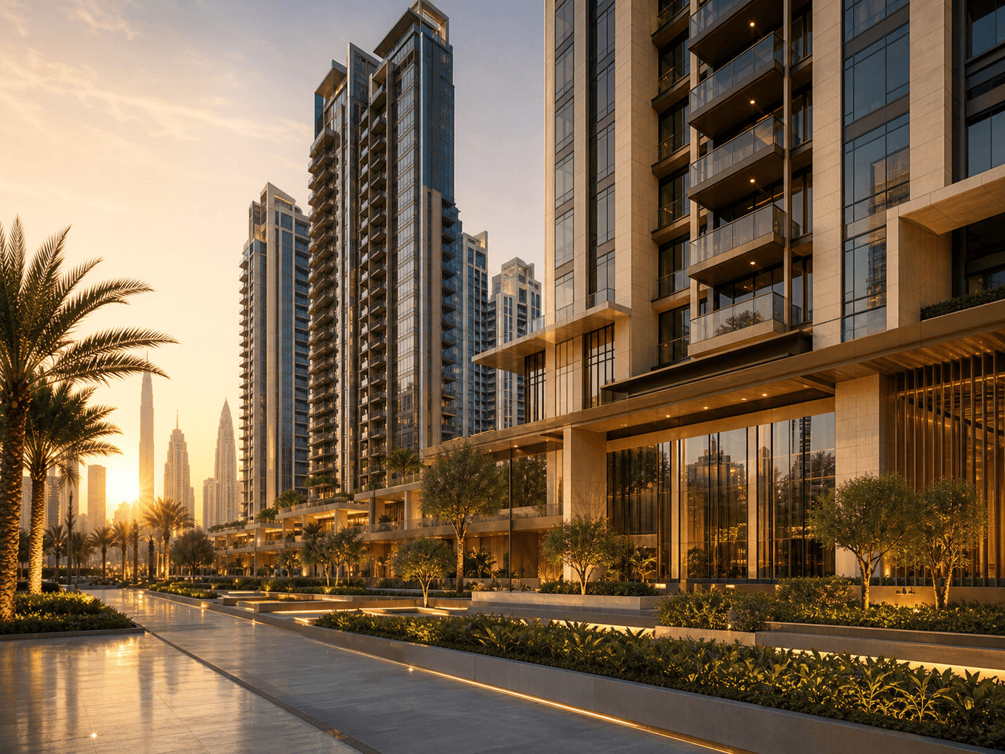 Contemporary real estate development with towers and landscaped podium