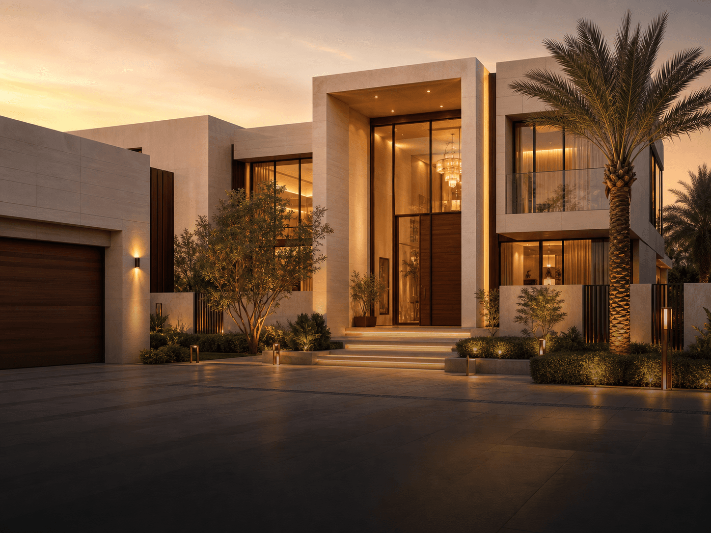 Modern luxury villa exterior with landscaped residential entry