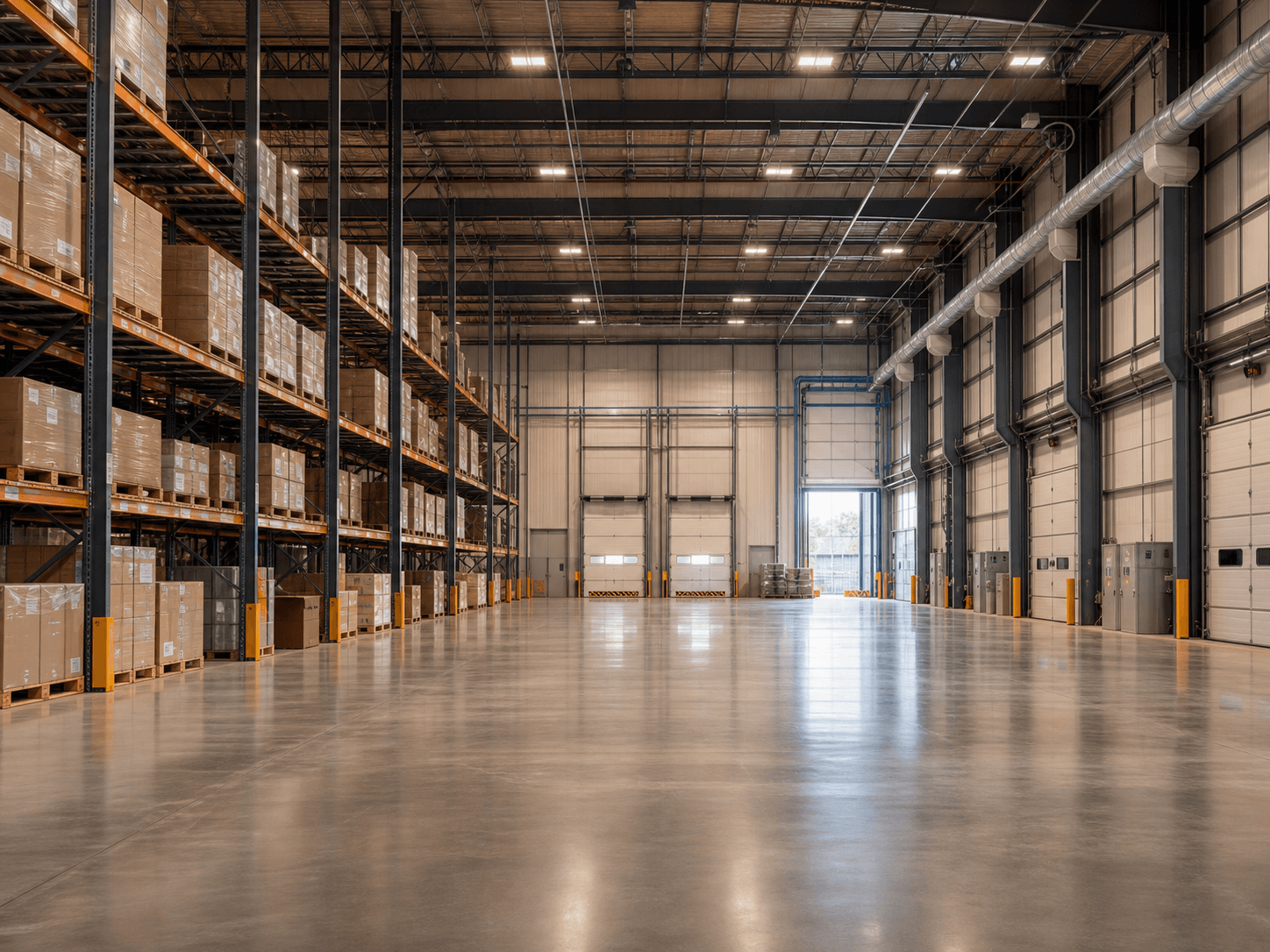 Clean modern warehouse with organized racking and polished concrete