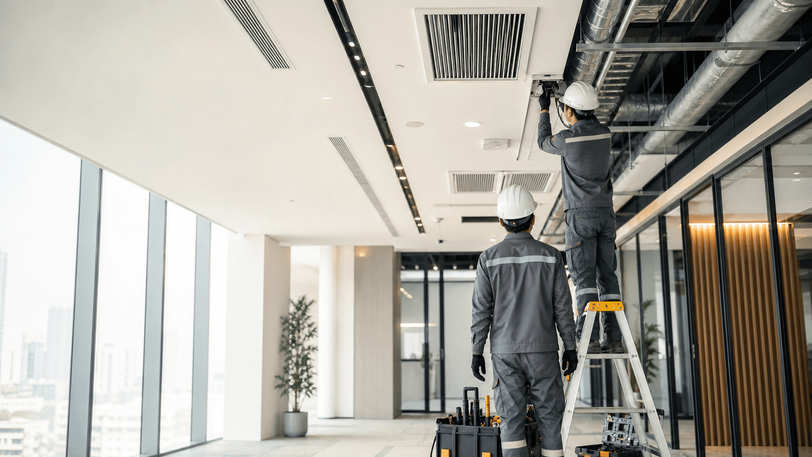 Metrofit technicians working on ceiling services in a modern commercial interior