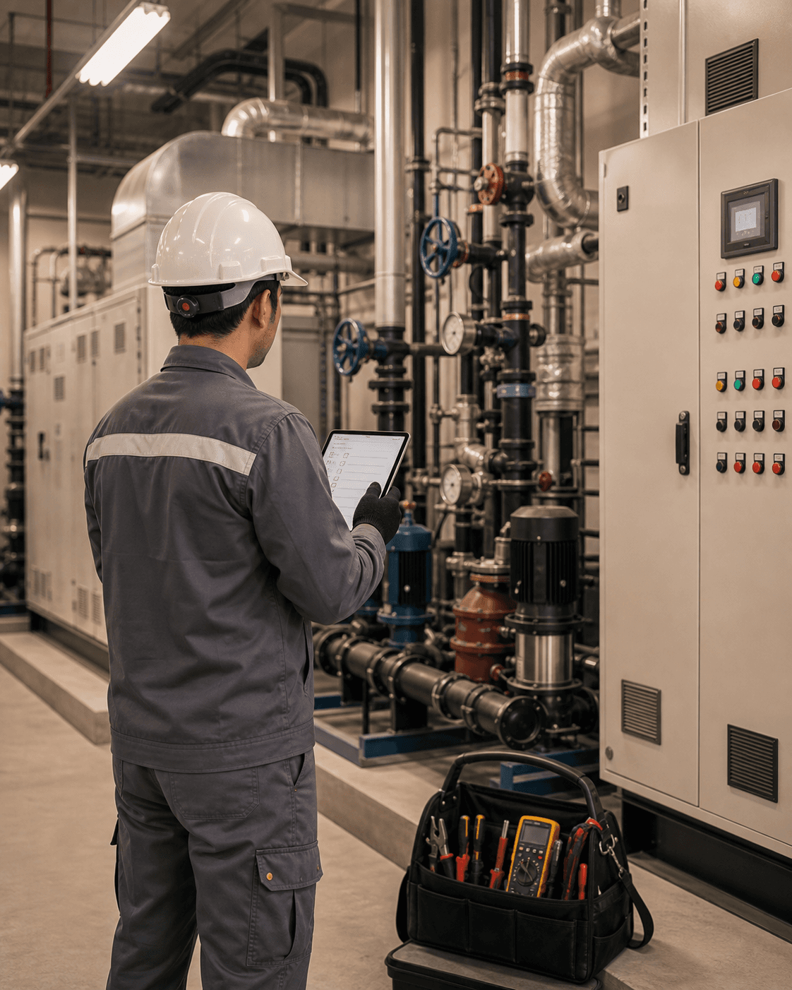 Maintenance technician inspecting building systems for an annual service contract
