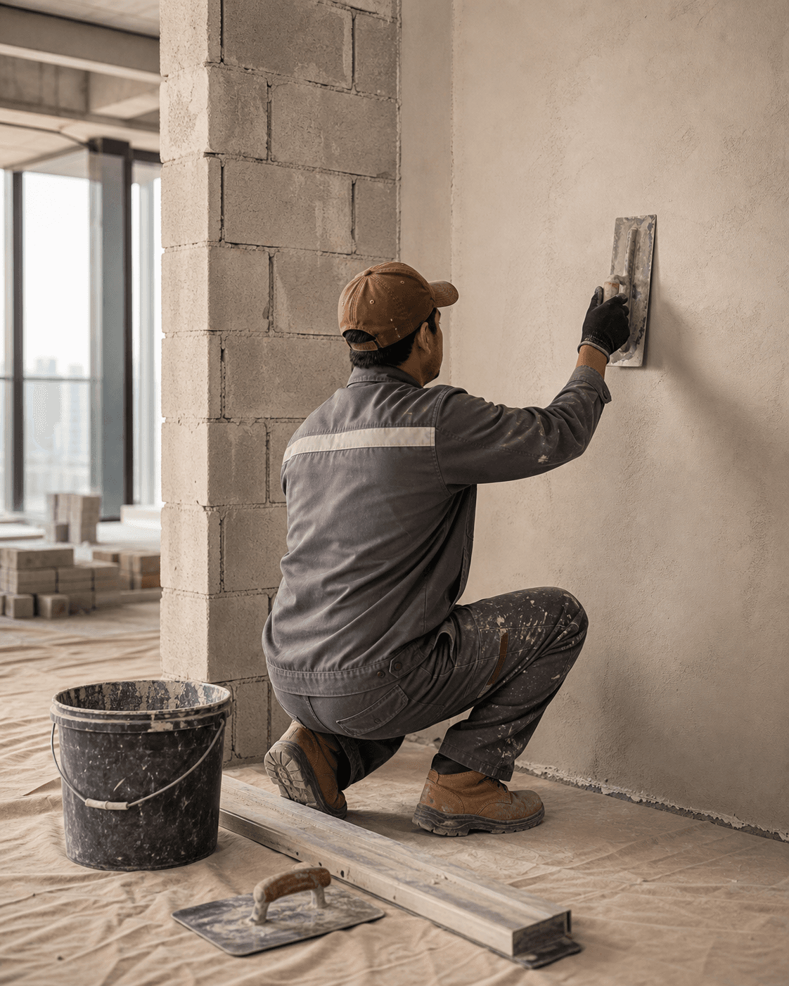 Mason completing block and plaster work on a clean construction site