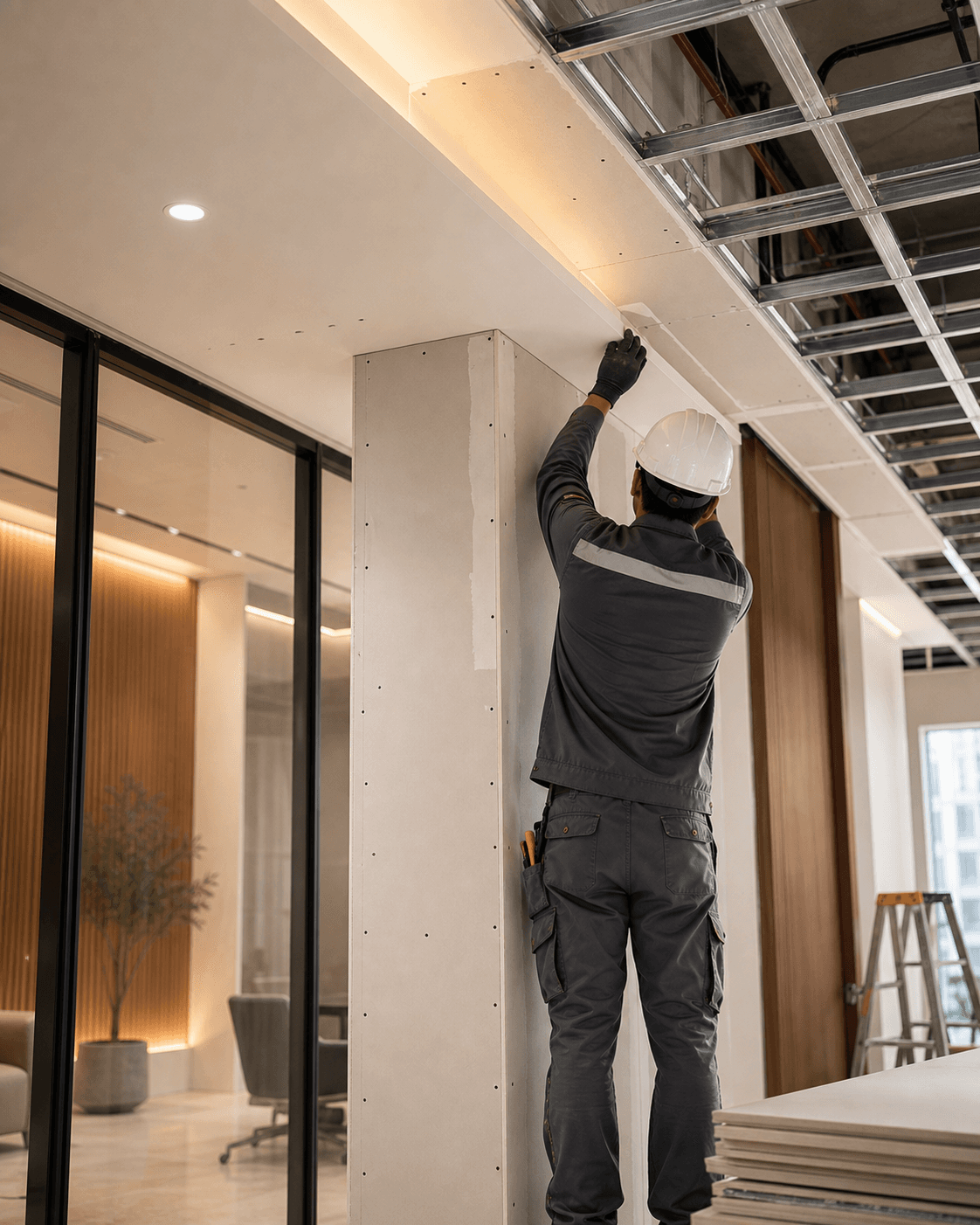 Gypsum ceiling and partition installation in a refined interior space