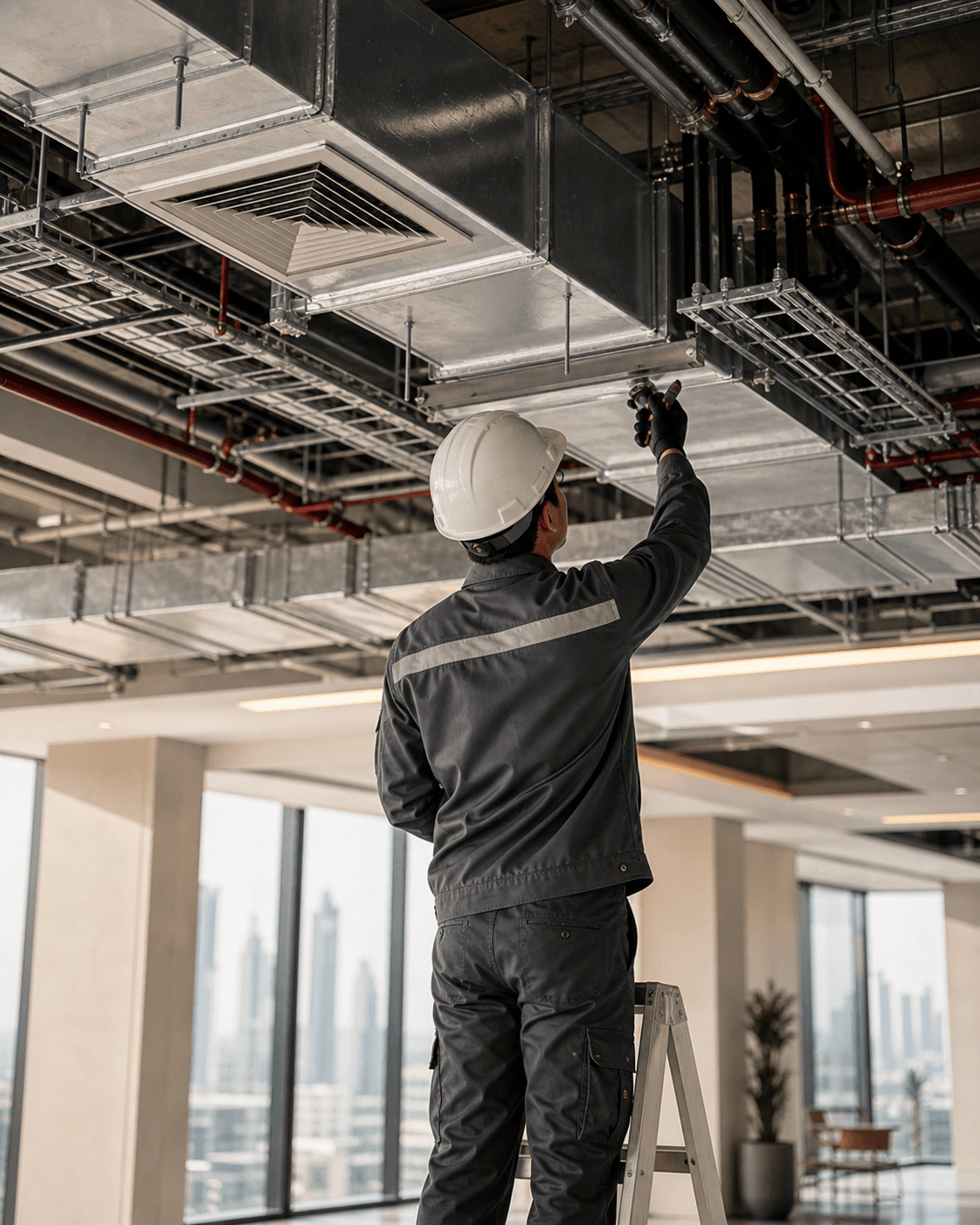 Metro Fit technicians coordinating MEP services in a modern commercial ceiling