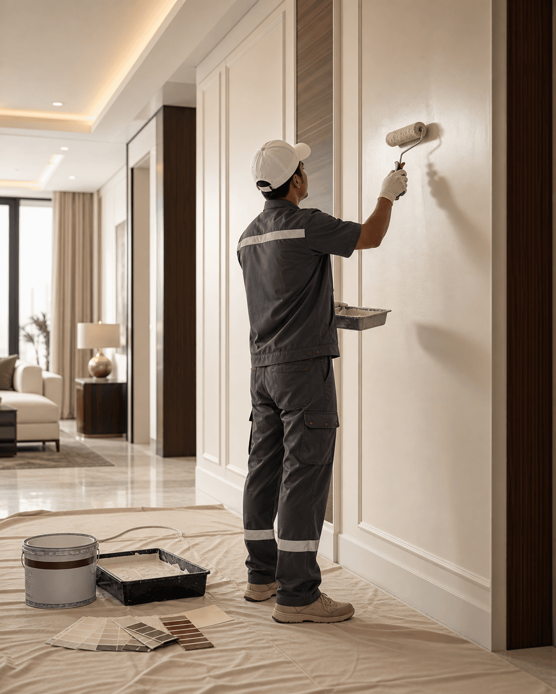Professional painter applying a premium wall finish in a bright room